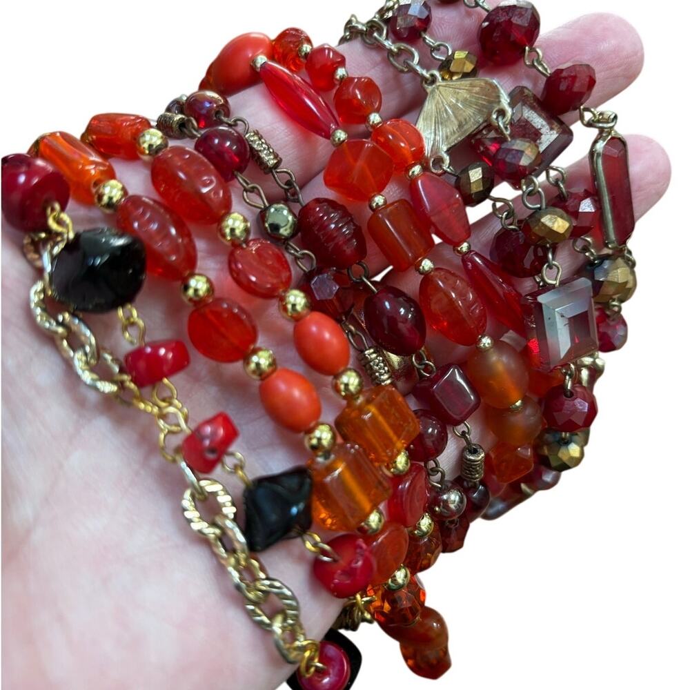 Vintage Lot of 5 fashion beaded necklaces red & orange beads variety collection